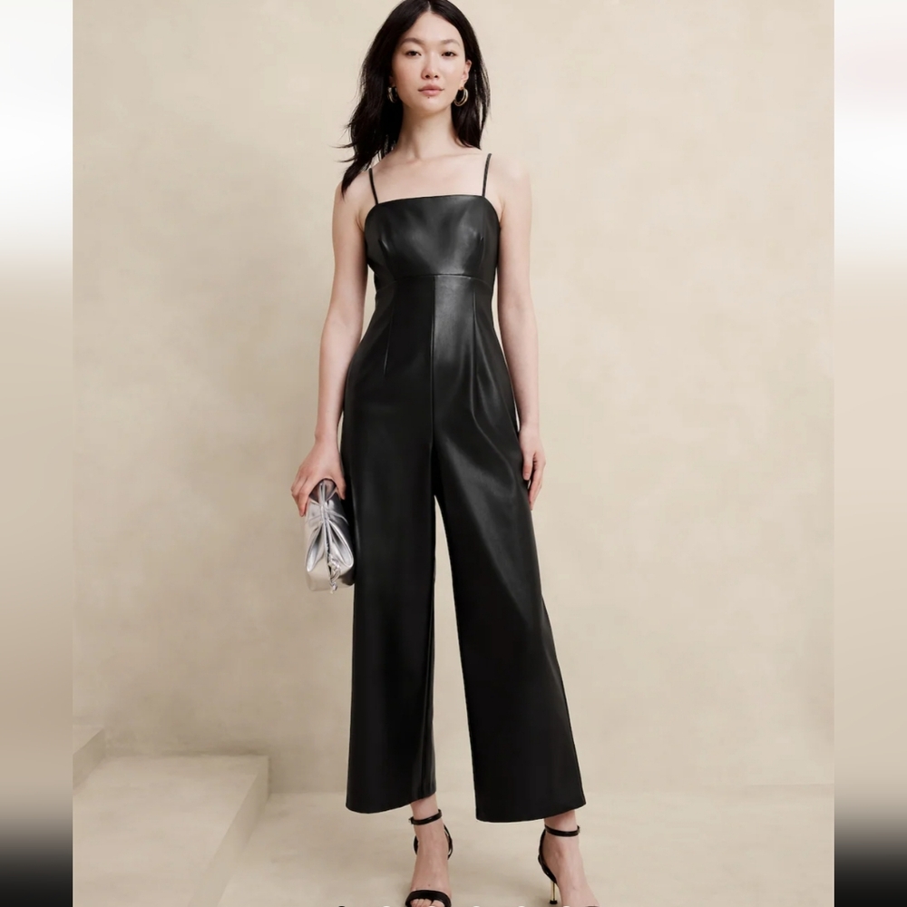 Banana Republic Factory Elegant Black Jumpsuit Vegan Leather. NWT 2P